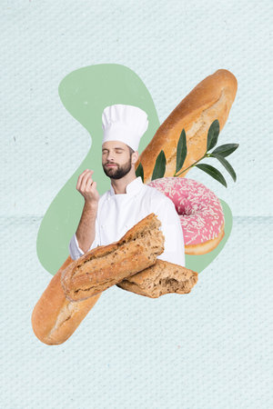 Vertical collage image of cook man hand show italian gourmet gesture fresh baked bread baguette...
