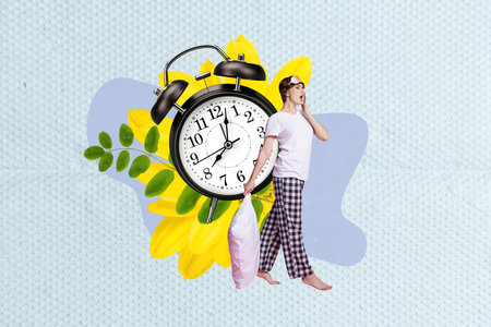 Creative collage picture of mini girl hand hold pillow yawning walk big clock ring bell alarm flower leaves isolated on painted backgroundの写真素材
