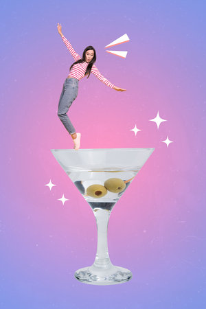 Vertical collage photo picture poster postcard of crazy girl enjoy free time weekend chill vibe isolated on drawing backgroundの写真素材