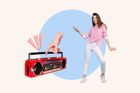 Creative concept template sketch photo collage of cheerful carefree relaxed girl dancing enjoy retro...