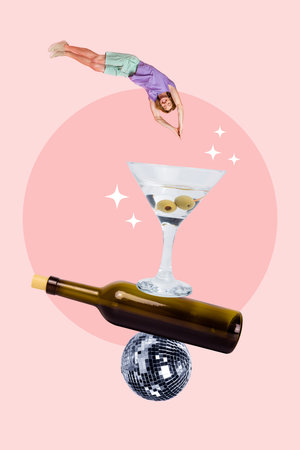 Vertical creative collage photo sketch of funny funky carefree man jumping in glass cocktail bottle wine isolated painting backgroundの写真素材