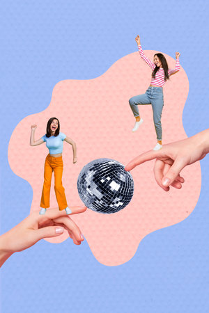 Vertical collage photo picture image poster artwork of cheerful carefree girl have fun good mood isolated on painting pink blue backgroundの写真素材