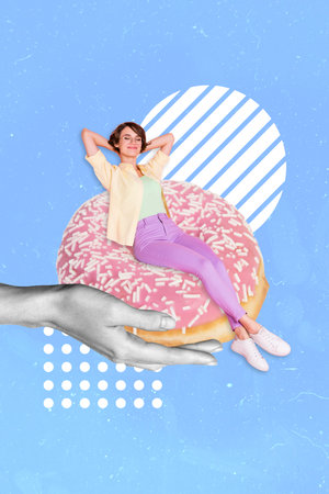 Vertical collage photo of relaxed woman chill take nap sitting huge pink caramel sprinkles donut fast delivery dessert isolated on blue backgroundの写真素材