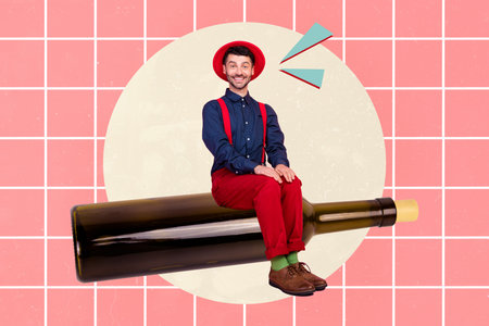 Creative photo collage art poster of young smiling positive man alcoholic sitting empty glass bottle brand ad isolated on plaid pink backgroundの写真素材