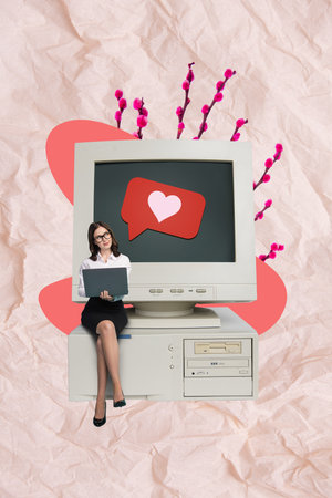Vertical collage image of mini minded elegant girl sit big vintage pc use netbook receive