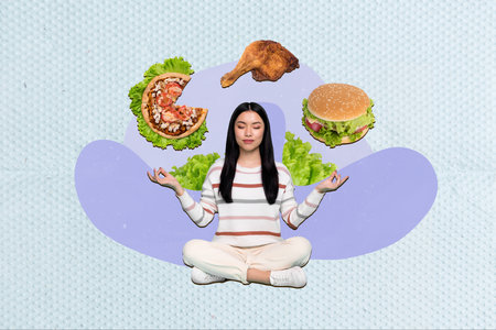 Creative collage picture of calm girl meditate think pizza burger fried chicken isolated on drawing backgroundの写真素材