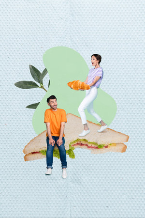 Vertical artwork collage image of two mini people sitting big sandwich hold croissant isolated on painted backgroundの写真素材