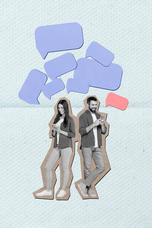 Vertical collage image of two black white gamma positive people use smart phone chatting empty space dialogue bubbleの写真素材