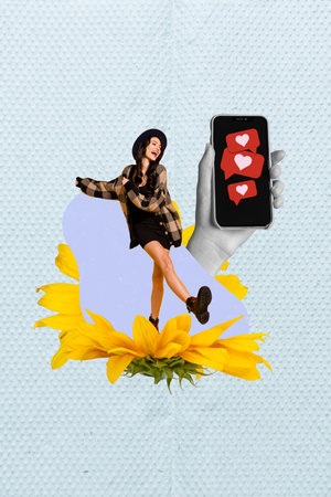 Vertical collage image of arm hold telephone screen like notification mini girl dancing large flower isolated on painted backgroundの写真素材