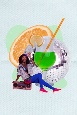 Vertical abstract collage picture of mini positive girl sit boombox huge disco ball half orange fruit cocktail glass isolated on painted backgroundの写真素材