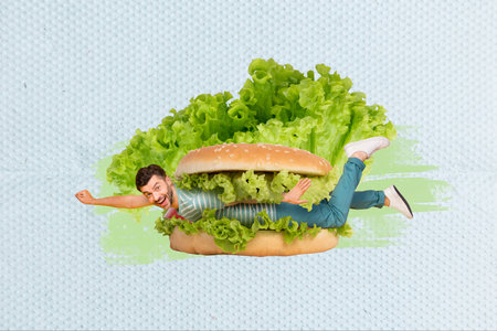 Creative collage image of overjoyed mini guy inside burger raise fist flying isolated on painted backgroundの写真素材