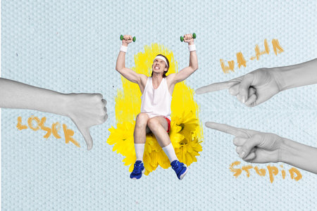 Collage photo picture artwork poster sketch of sporty guy suffer stupid people judging choice be healthy isolated on painted backgroundの写真素材