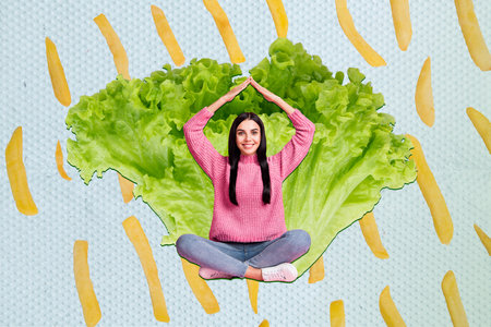 Composite collage image of mini positive girl arms show make roof gesture big lettuce leaf french fries isolated on creative backgroundの写真素材