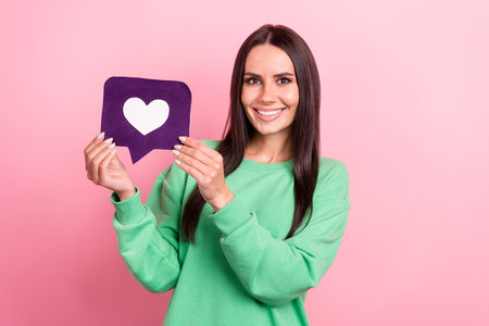 Portrait of young cheerful optimistic adorable pretty woman wear green sweatshirt hold purple like...