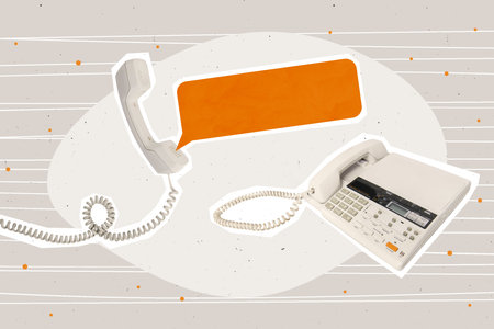 Creative collage portrait of retro cable handset telephone fax machine empty space dialogue communication bubble isolated on grey backgroundの写真素材