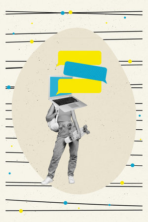 Vertical photo template collage of weird young girl laptop instead of head hold skate board communicating isolated painted backgroundの写真素材
