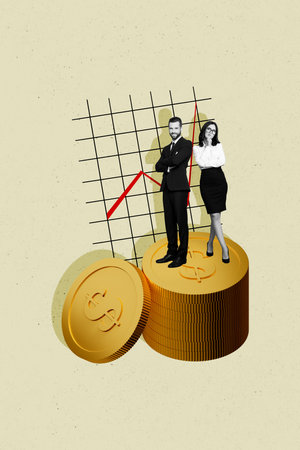Poster banner trend collage of two little business people standing money stock investing income conceptの写真素材