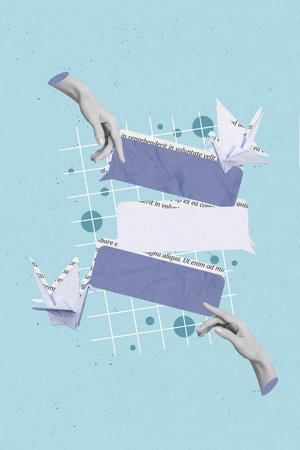 Photo conversation online chat collage fingers connecting app new messenger paper origami bird receive sms isolated on blue plaid backgroundの写真素材