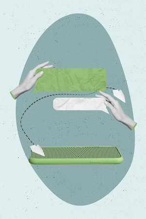 Creative image picture collage of smart gadget screen with speech bubble fast connection sending messages conceptの写真素材