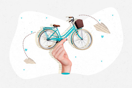 Photo of old vintage funny bicycle ecological transport conceptual collage delivery worldwide messages letters isolated on gray color backgroundの写真素材