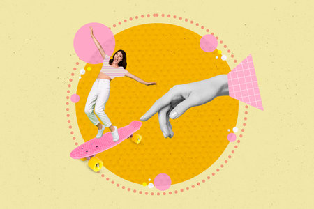 Composite collage picture of black white colors arm finger touch push mini overjoyed girl ride skateboard isolated on painted backgroundの写真素材