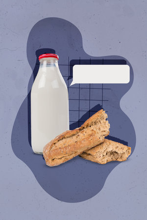 Vertical collage picture of glass bottle fresh milk baked baguette bread empty space dialogue bubble isolated on painted backgroundの写真素材