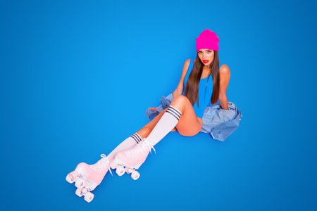People person lifestyle studio shooting concept. Photo portrait of pretty lovely girl wearing...