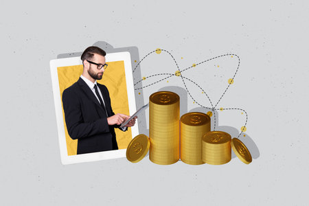 Trend pop poster banner collage of economist guy using tablet analyze bitcoin financial increase growthの写真素材