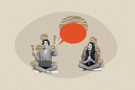 Creative collage portrait of two amazed black white effect girls use smart phone netbook raise fists success dialogue bubbleの写真素材