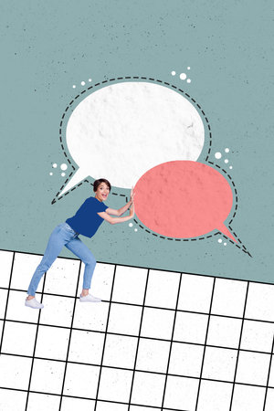 Vertical collage image of impressed funky mini girl hands push big empty space dialogue bubble isolated on painted backgroundの写真素材