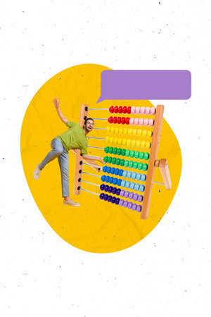 Vertical collage picture of mini excited guy big abacus bead calculator empty space dialogue bubble isolated on white creative backgroundの写真素材
