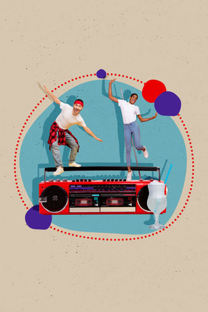 Vertical collage picture of two overjoyed positive mini people stand big boombox dancing alcohol...