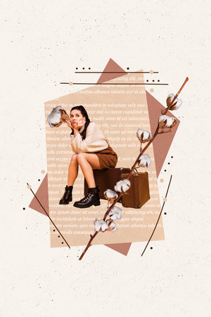 Creative image drawing collage of tourist young lady sitting baggage suffer cycle periods soft cotton pads ads conceptの写真素材