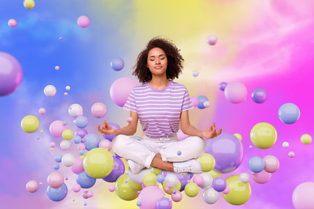 Creative collage picture of peaceful girl meditate floating colorful bubbles isolated on painted backgroundの写真素材