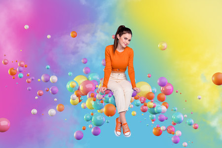 Composite collage image of positive cheerful girl sit colorful flying bubbles isolated on drawing...