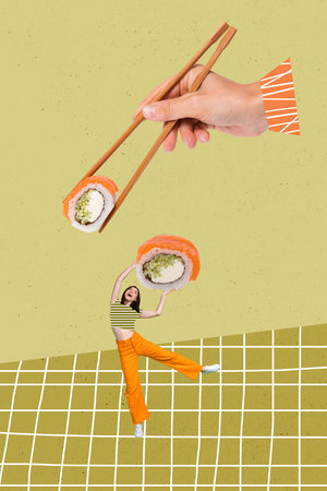 Vertical artwork collage picture of arm fingers hold chopsticks sushi roll excited mini girl isolated on creative backgroundの写真素材