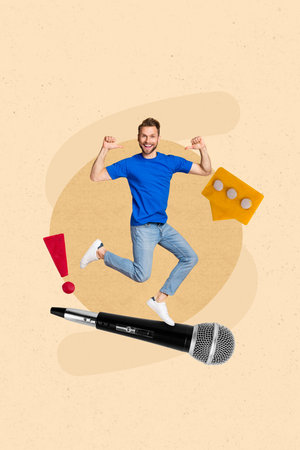 Vertical collage portrait of excited mini guy point fingers himself big microphone exclamation mark comment message notificationの写真素材