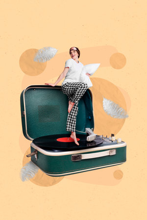 Artwork magazine collage picture of smiling funny lady listening music before going sleep isolated drawing backgroundの写真素材