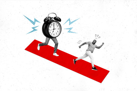 Creative retro 3d magazine collage image of funny funky guy running away ringing alarm isolated painting backgroundの写真素材