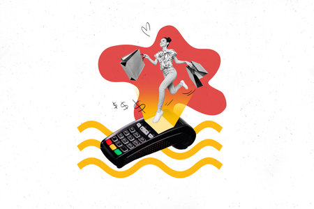 Photo cartoon comics sketch collage picture of excited lady holding shoppers wireless payment isolated drawing backgroundの写真素材