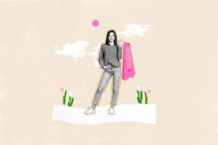 Creative 3d photo artwork collage painting of charming lady walking enjoying spring holding pink coat isolated drawing backgroundの写真素材