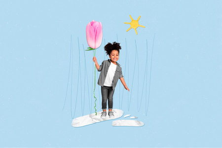 Photo cartoon comics sketch collage picture of smiling cute small kid holding pink tulip balloon isolated drawing backgroundの写真素材