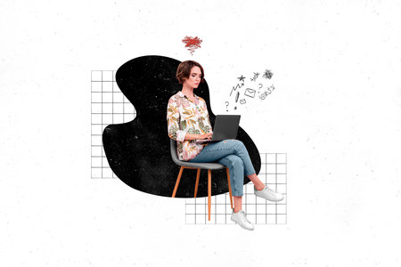 Creative photo collage template illustration of serious busy woman freelancer working look at laptop isolated on painted backgroundの写真素材