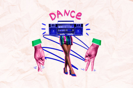 Collage artwork graphics picture of lady boom box instead head walking legs isolated painting...