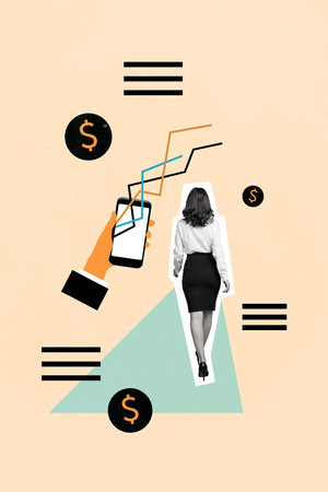 Photo collage of successful rich businesswoman lady watch cell phone market cryptocurrency app take profit earn moneyの写真素材