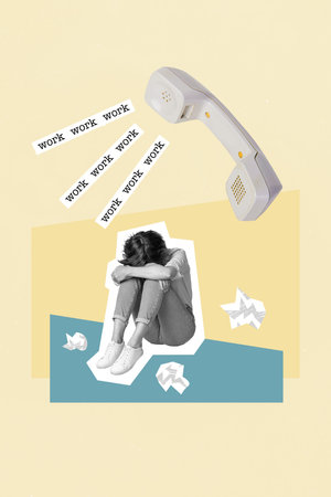 Image picture drawing collage of exhausted desperate employee answer phone call from executive too much workの写真素材