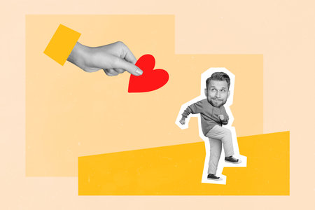Creative artwork collage of boyfriend guy reject girlfriend heart shape surprise split up relationship conceptの写真素材