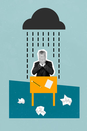 Composite collage of stressed man business owner no ideas how creative new startup rainy weather depression isolated on blue backgroundの写真素材