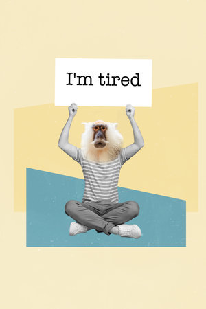 Vertical collage metaphor of head man monkey mask tired feel stupid bored overworked person need psychologist isolated on yellow backgroundの写真素材
