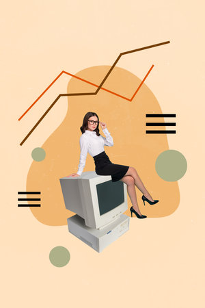 Vertical artwork modern photo collage of business lady sit big computer monitor diagram stats invest...